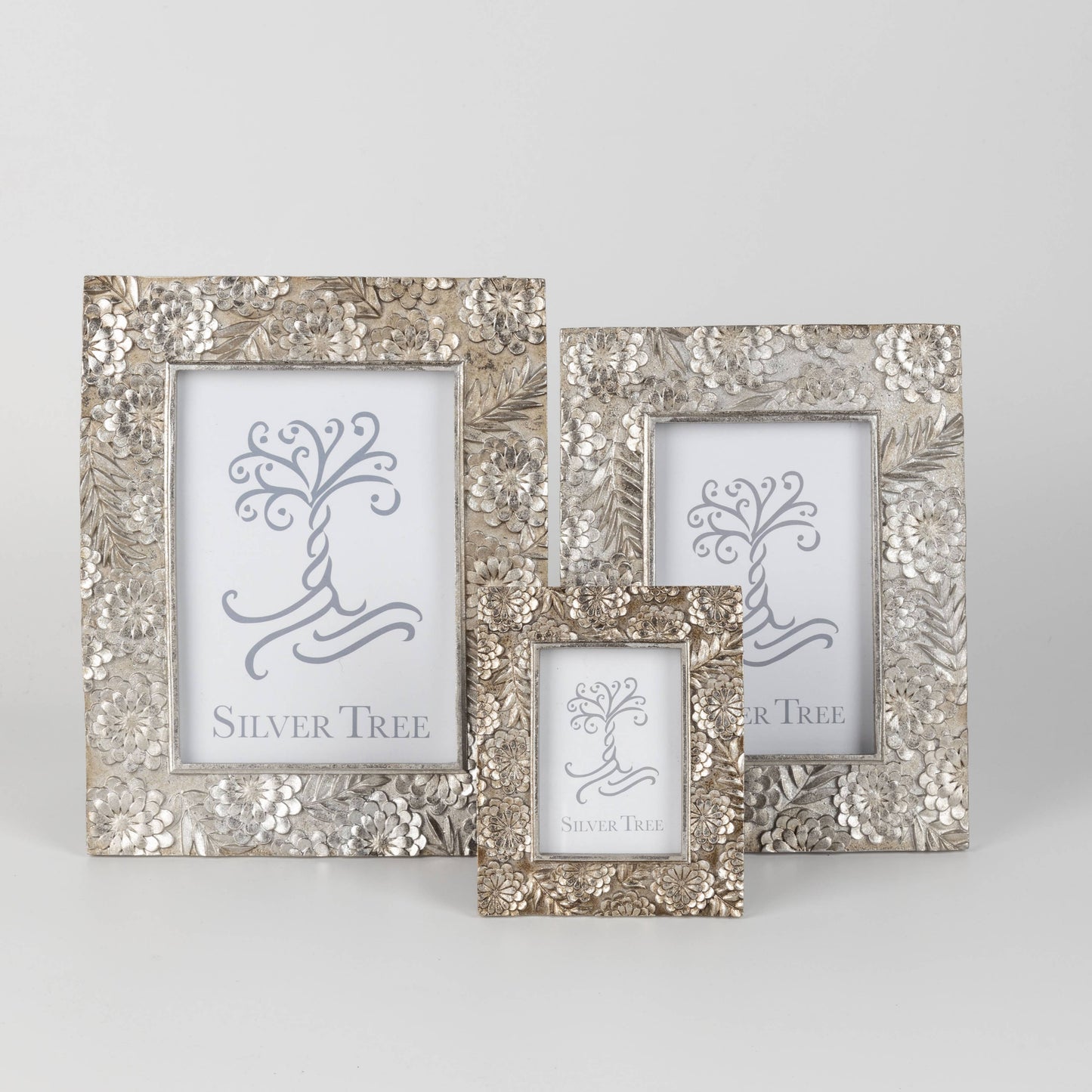 Floral motif picture frame, silver finish