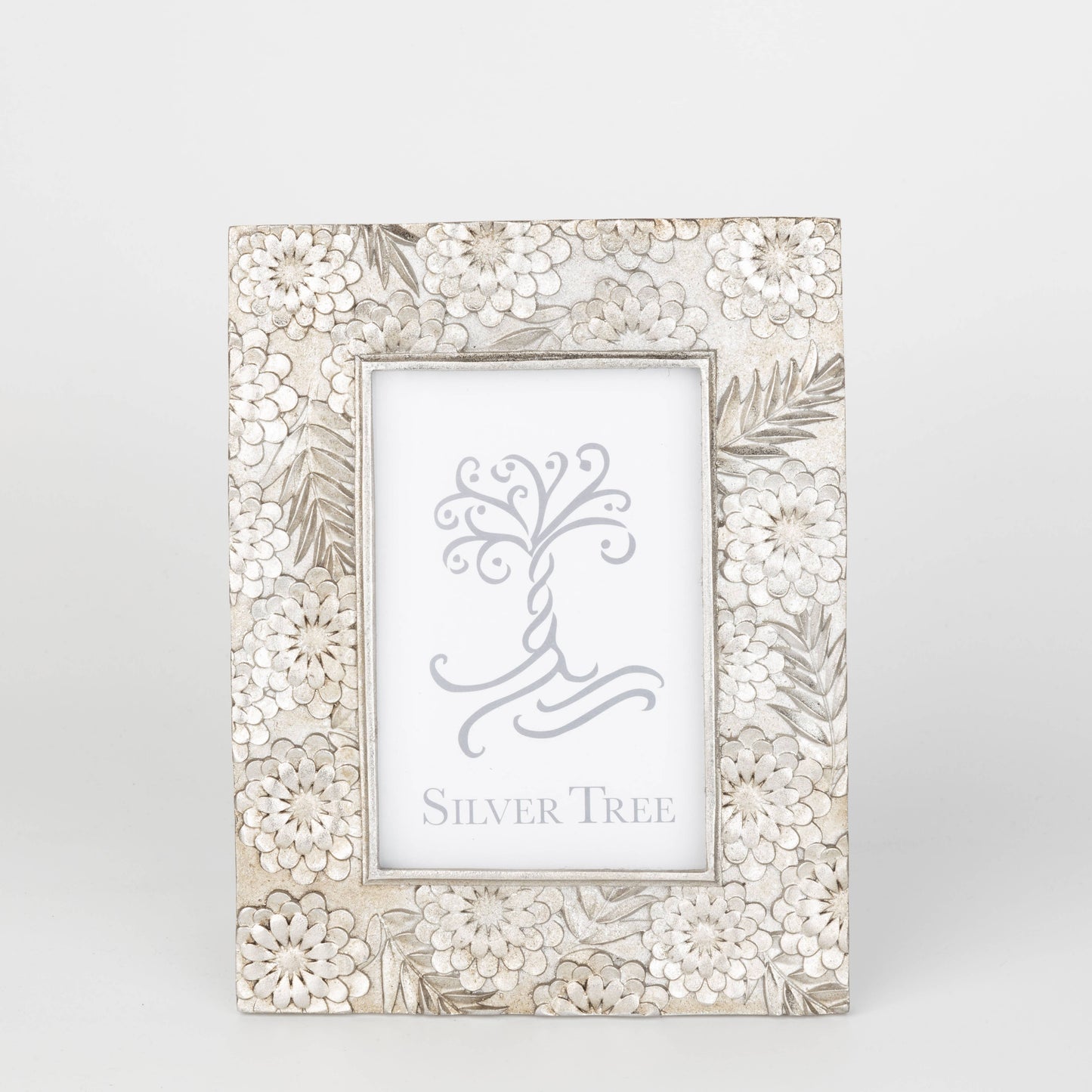 Floral motif picture frame, silver finish