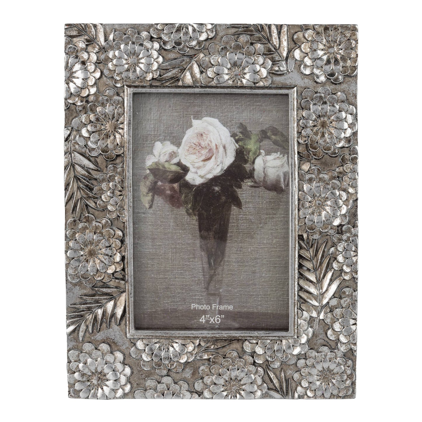 Floral motif picture frame, silver finish
