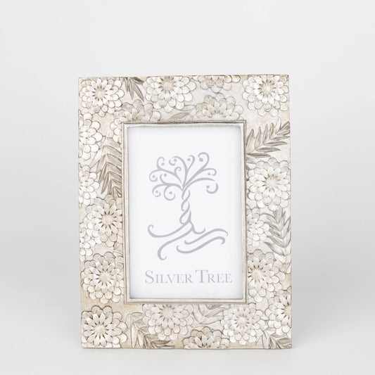 Floral motif picture frame, silver finish